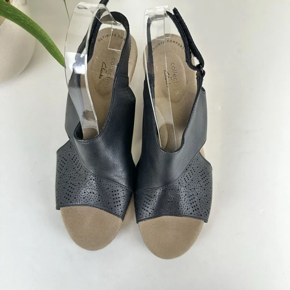 Clarks Lafley Joy‎ Black Lasercut Cork Wedge Heel Sandal Comfort Shoe Size 9 M